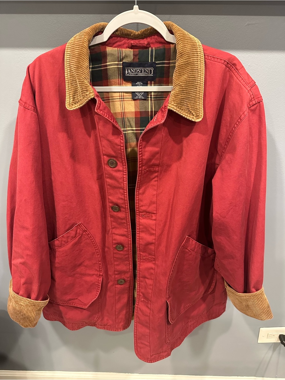 Vtg Lands End Chore Barn Coat Mens Large Red Corduroy Collar Flannel Lined
